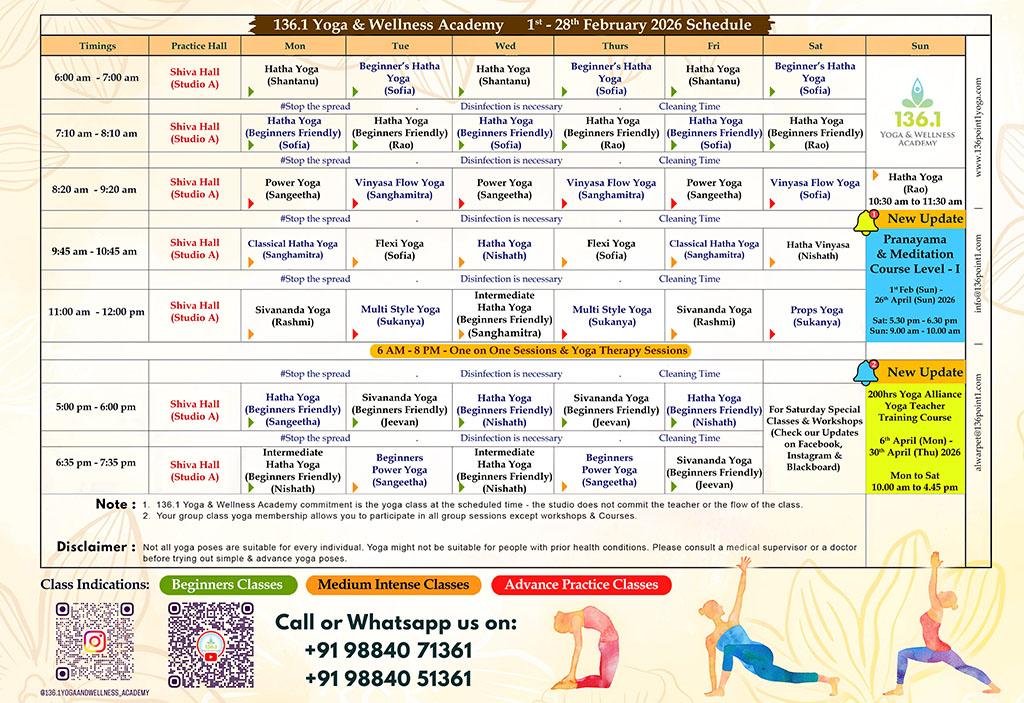 136point1yoga Feb 2026 Schedule - Yoga Centre in Chennai